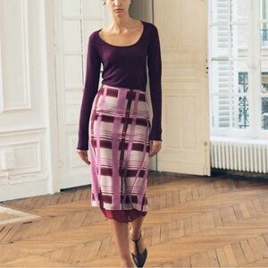 Zara ZW Collection Printed Midi Skirt - Pink/Burgundy Plaid - 
 NWT SZ XS